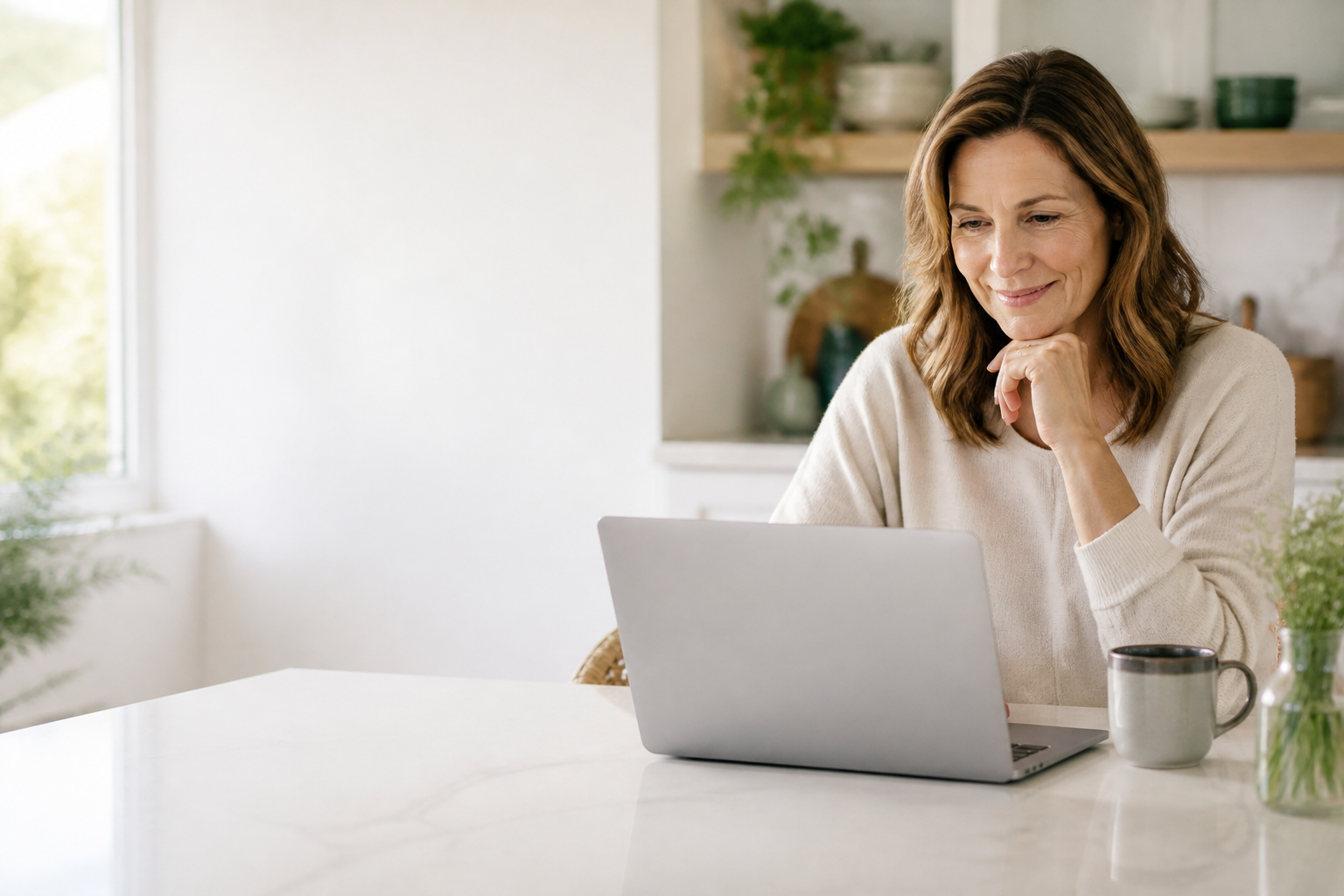 Smiling woman looking at a laptop at a kitchen table